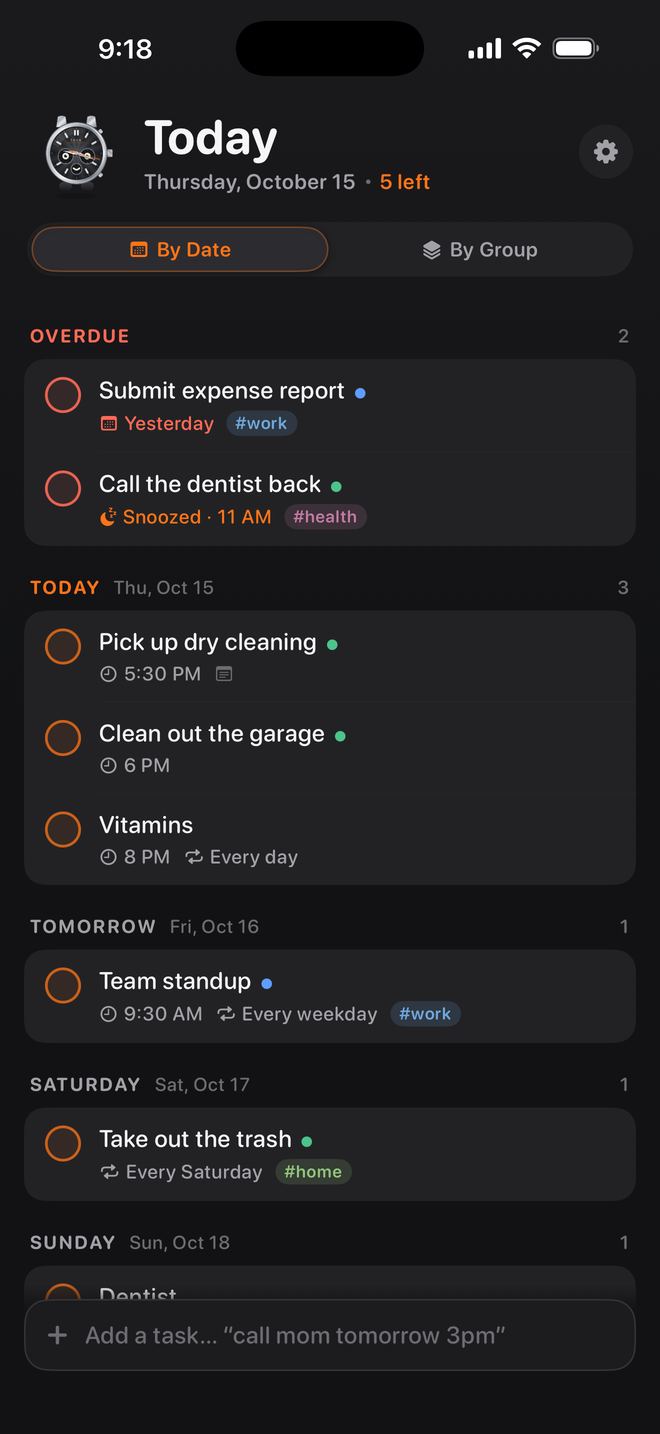 Tock Todo on iPhone, showing overdue, today and upcoming tasks