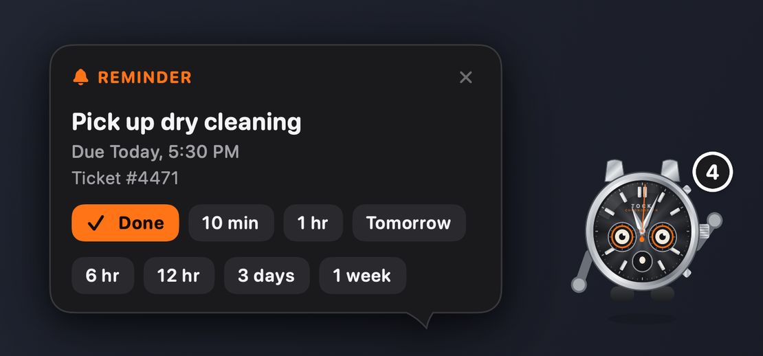 A reminder bubble above Tock on the Mac desktop, with Done, snooze and Tomorrow buttons