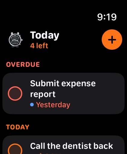 Tock Todo on Apple Watch, showing today's tasks